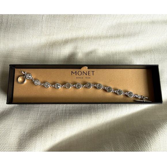 Vintage Monet Silver-Tone Crystal Link Bracelet in Original Box - Picture 1 of 5